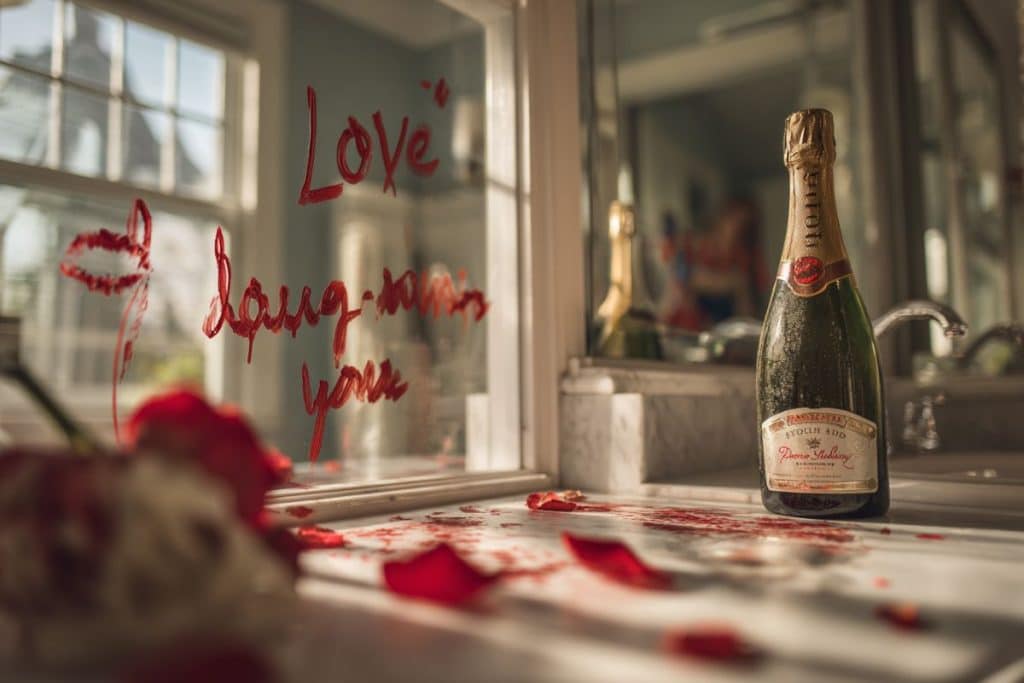 Message romantique créatif écrit au rouge à lèvres sur miroir pour surprendre à la Saint-Valentin