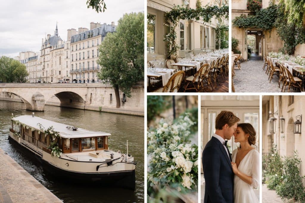 Mosaïque d’idées de mariage à Paris avec restaurant privatisé, péniche sur la Seine, mairie parisienne et micro-mariage intimiste