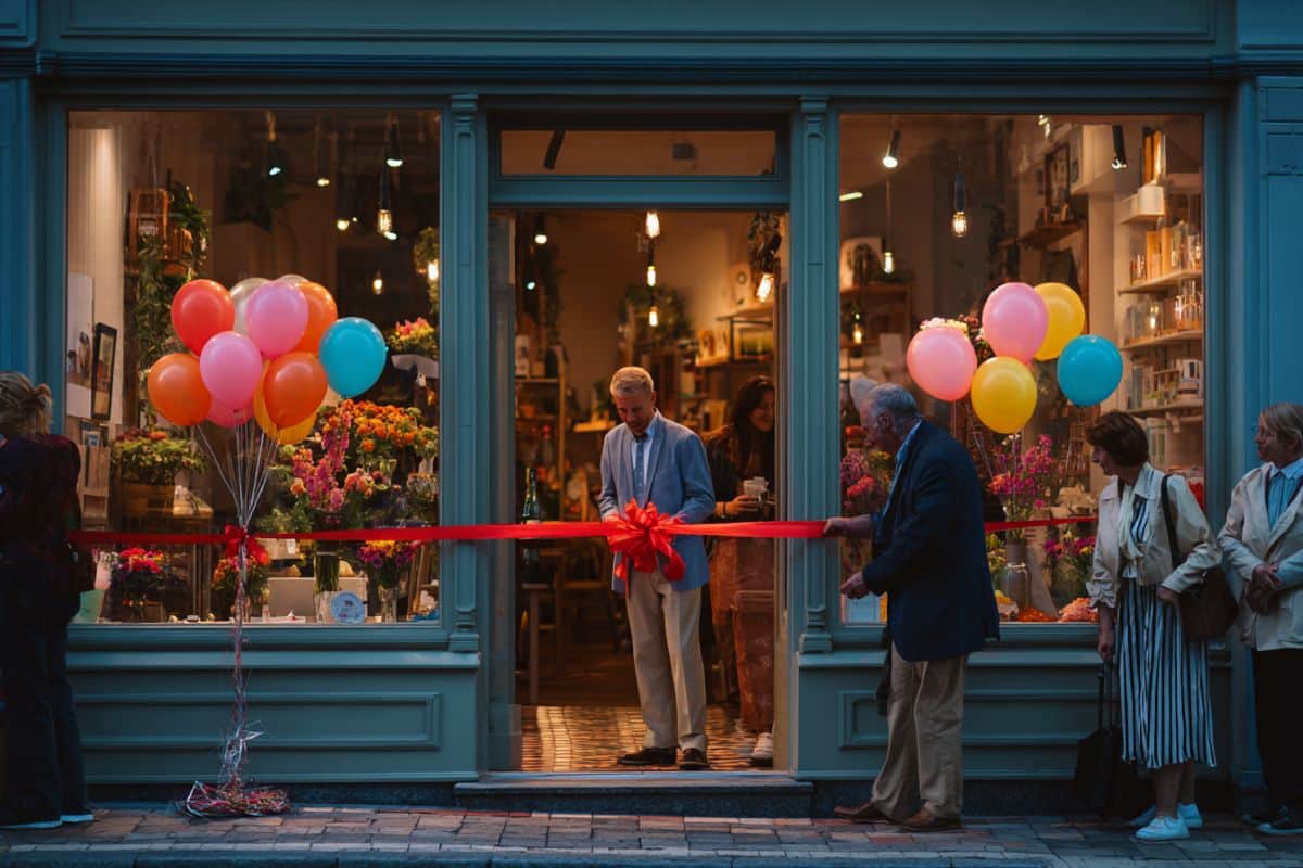 Soirée d'inauguration d'une boutique : commerçants qui coupent le ruban rouge devant une vitrine décorée de ballons