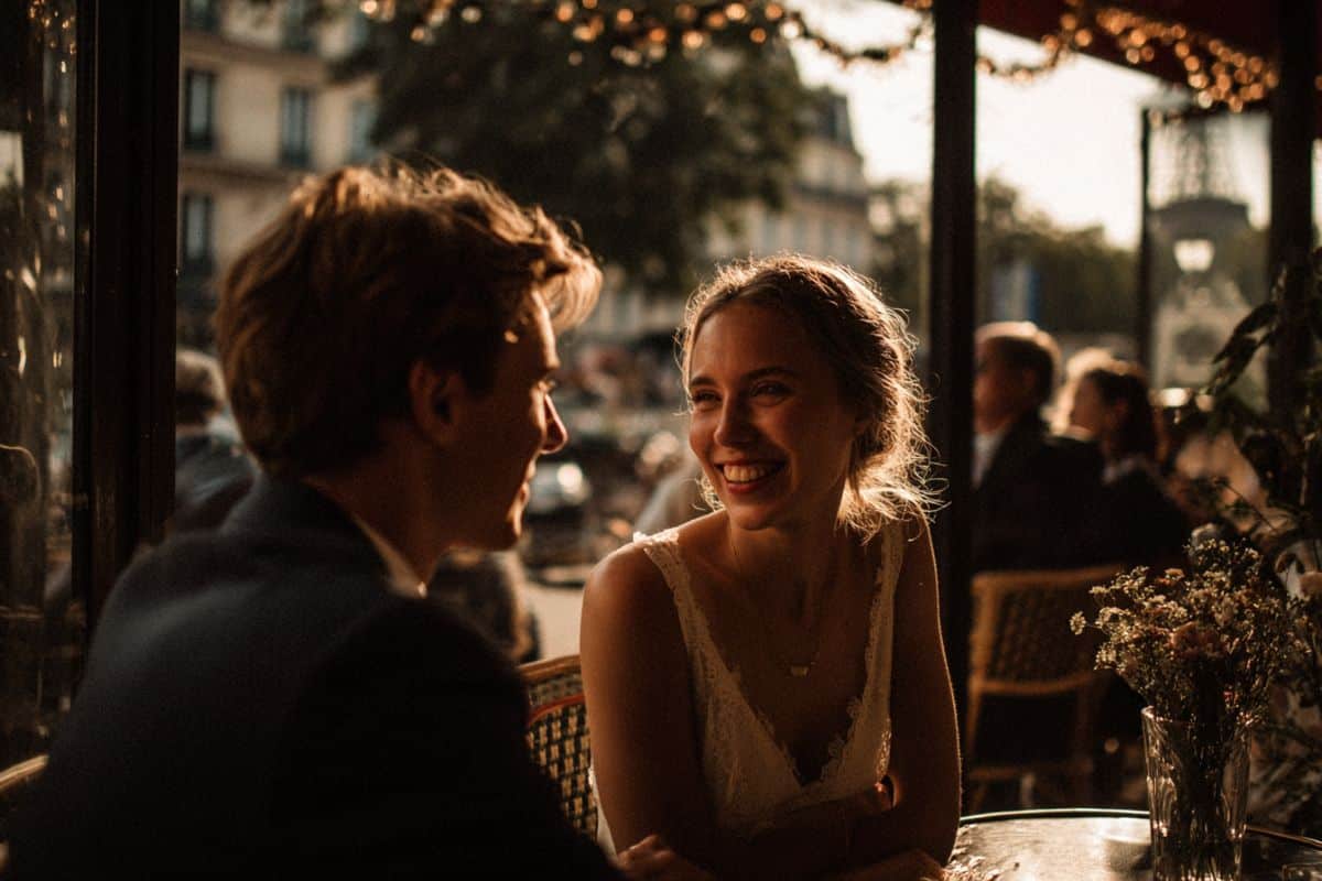 Couple lors d’un mariage à Paris petit budget sur une terrasse de café parisien avec guirlandes lumineuses et vue lointaine sur la tour Eiffel.