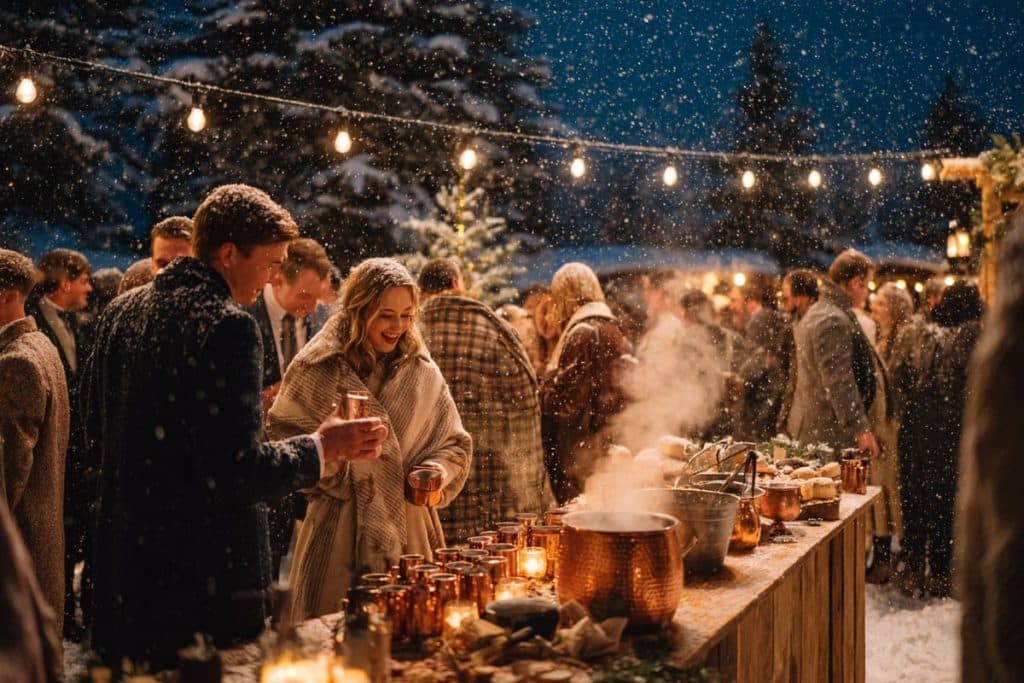 Couple de mariés et invités rassemblés autour d'un bar à vin chaud sous la neige avec plaids et ambiance festive