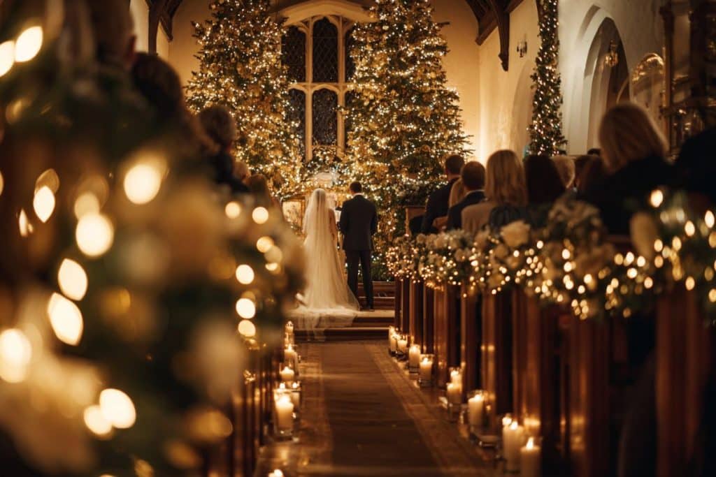 Cérémonie de mariage élégante dans une église décorée pour Noël avec sapin lumineux et guirlandes dorées
