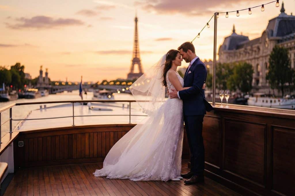 Couple de mariés s'embrassant sur le pont d'une péniche de luxe sur la Seine à Paris au coucher du soleil avec la Tour Eiffel en arrière-plan