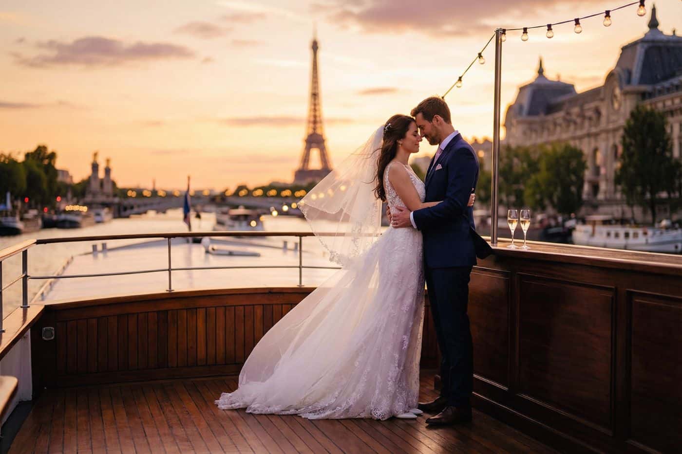 Couple de mariés s'embrassant sur le pont d'une péniche de luxe sur la Seine à Paris au coucher du soleil avec la Tour Eiffel en arrière-plan