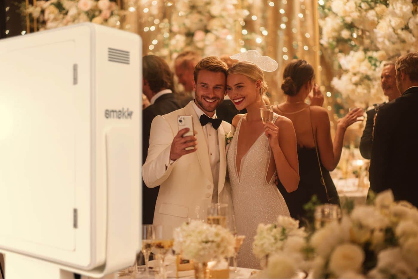 Couple de mariés utilisant un photobooth élégant lors de leur réception de mariage avec invités souriants en arrière-plan