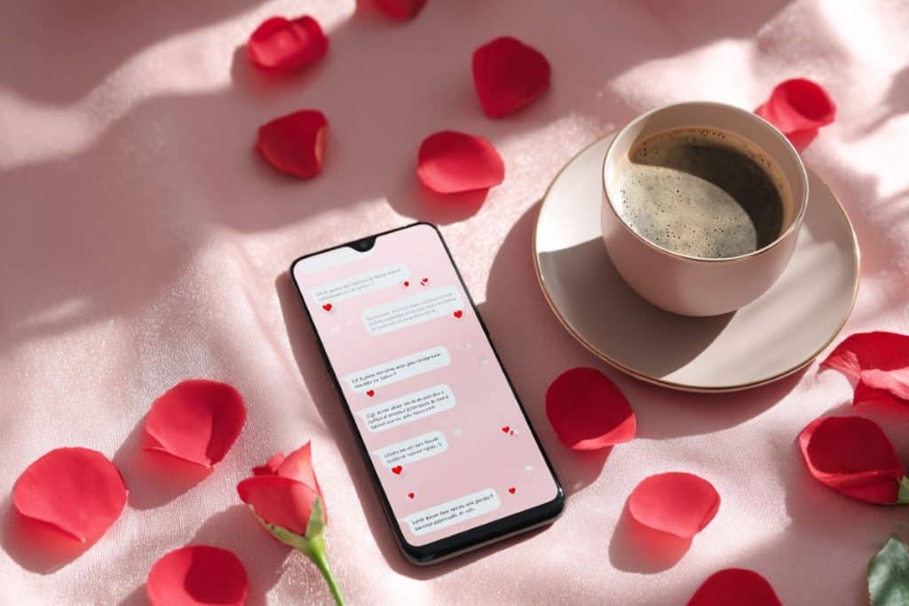 Smartphone affichant un SMS romantique de Saint-Valentin avec emojis cœurs et roses rouges