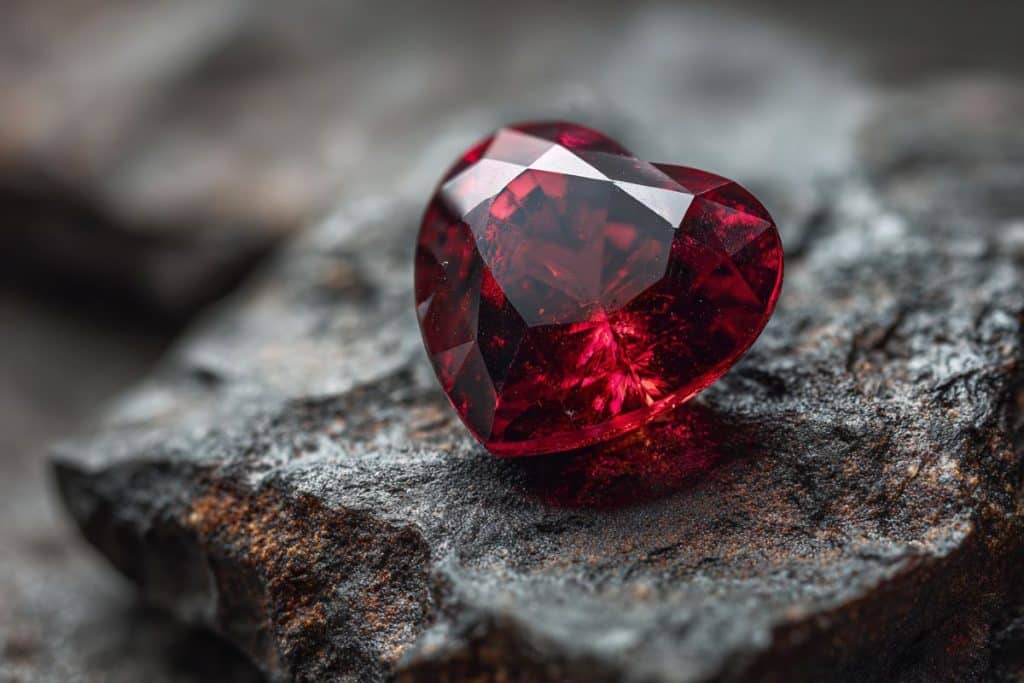 Gros plan sur une pierre précieuse rubis en forme de cœur, symbole de solidité et de passion pour les 35 ans de mariage