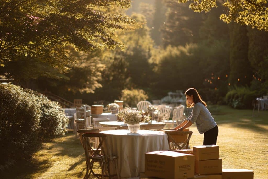 Préparation matinale d'une garden party avec installation des tables et décoration dans un jardin ensoleillé
