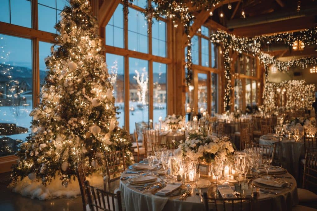 Réception de mariage en décembre avec grand sapin de Noël décoré et guirlandes lumineuses créant une ambiance chaleureuse