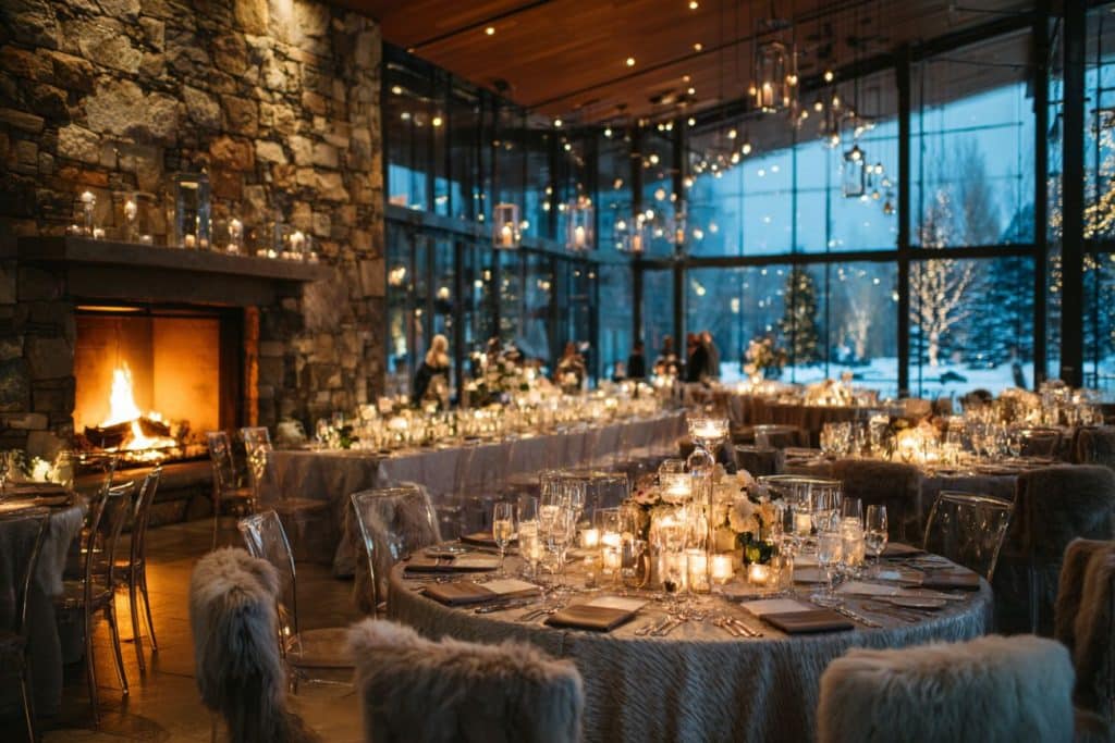 Réception de mariage d'hiver avec grande cheminée en pierre, guirlandes lumineuses, plaids en fausse fourrure et vue sur paysage enneigé