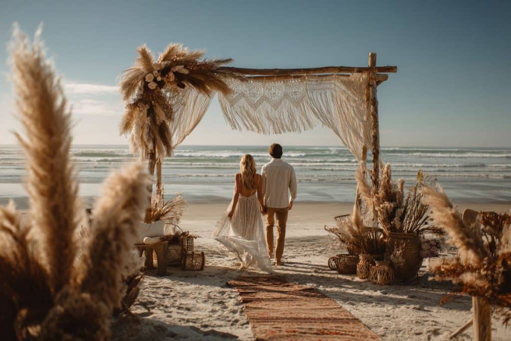 Cérémonie de renouvellement des vœux en bord de mer au coucher du soleil, ambiance bohème
