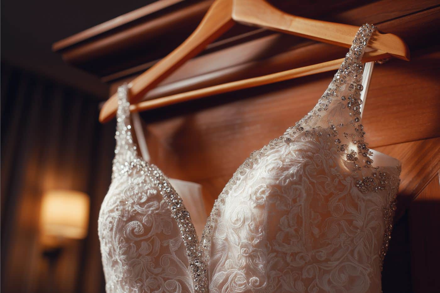 robe mariage dentelle bijou dressing cintre bustier perle bretelles fines