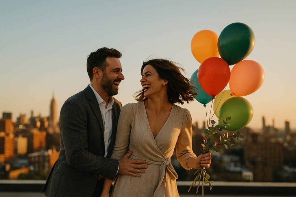 6 ans de mariage (noces de chypre) — couple de 35 ans sur rooftop au coucher du soleil, ballons colorés et eucalyptus, skyline urbaine