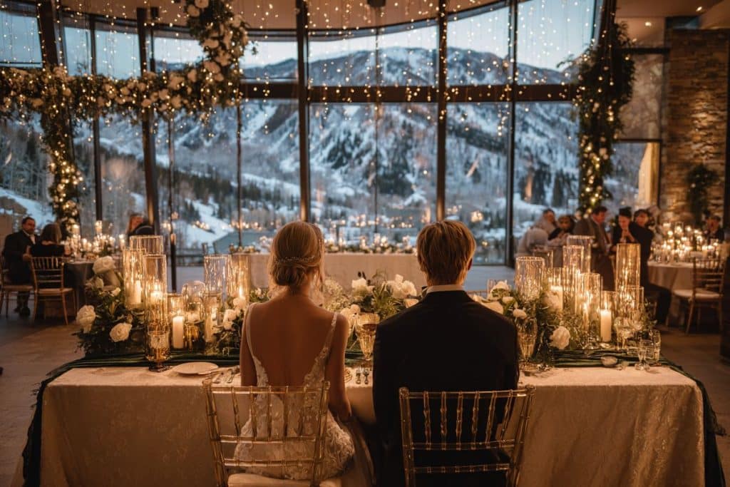 Table d'honneur de mariage d'hiver avec décoration luxueuse or et vert émeraude, vue panoramique sur montagnes enneigées au coucher du soleil