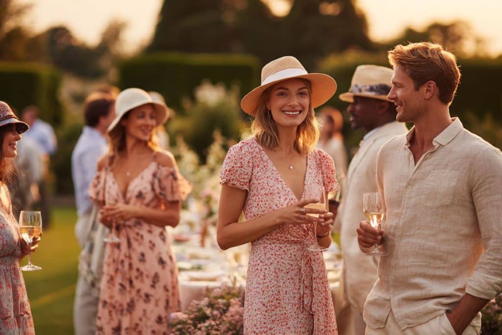 Groupe d'invités élégants en tenues champêtres chics lors d'une garden party dans un jardin