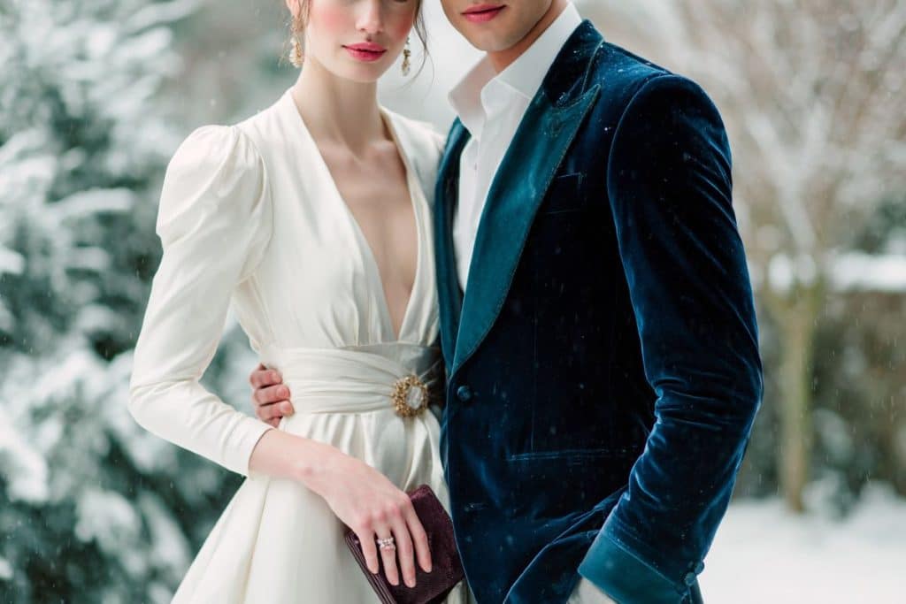 Couple de mariés en tenues d'hiver élégantes avec robe à manches longues en velours et veste bleue saphir