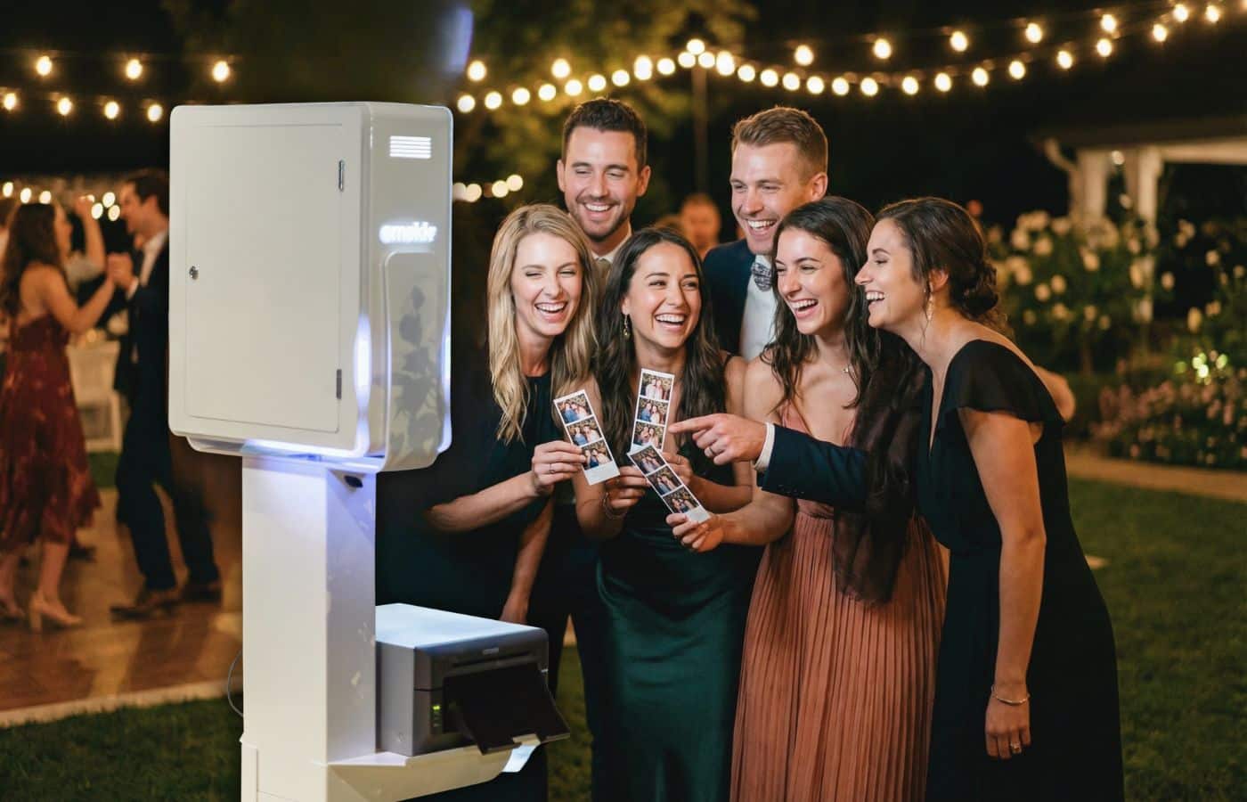 Animation mariage surprise : invités devant une borne photo pendant la réception