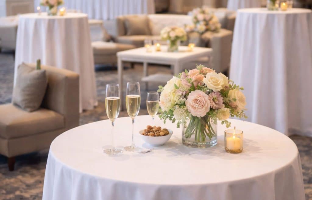 salon réception évènementiel mange debout nappe blanche bouquet fleur chic