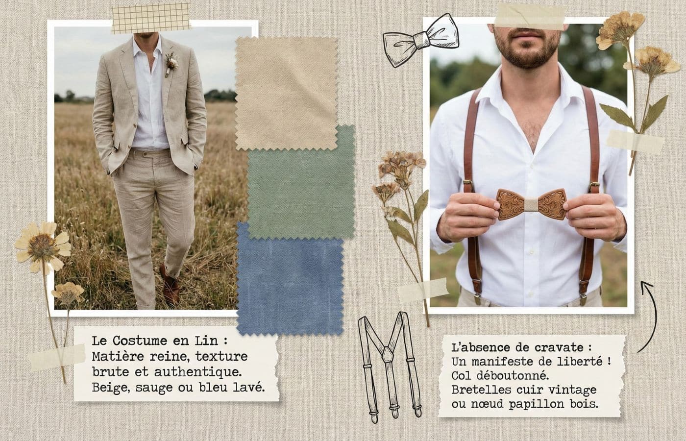 Moodboard costume marié bohème : costume en lin beige sable et bleu ciel, chemise sans cravate, bretelles en cuir et nœud papillon en bois.