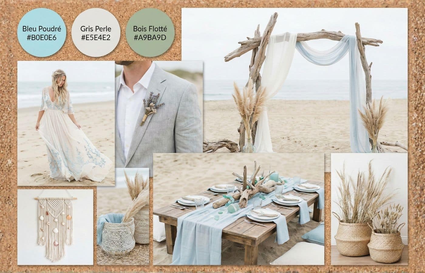 Moodboard d'inspiration mariage bohème côtier avec palette bleu poudré, gris perle et bois flotté, incluant une réception sur la plage et des tenues de mariés modernes.