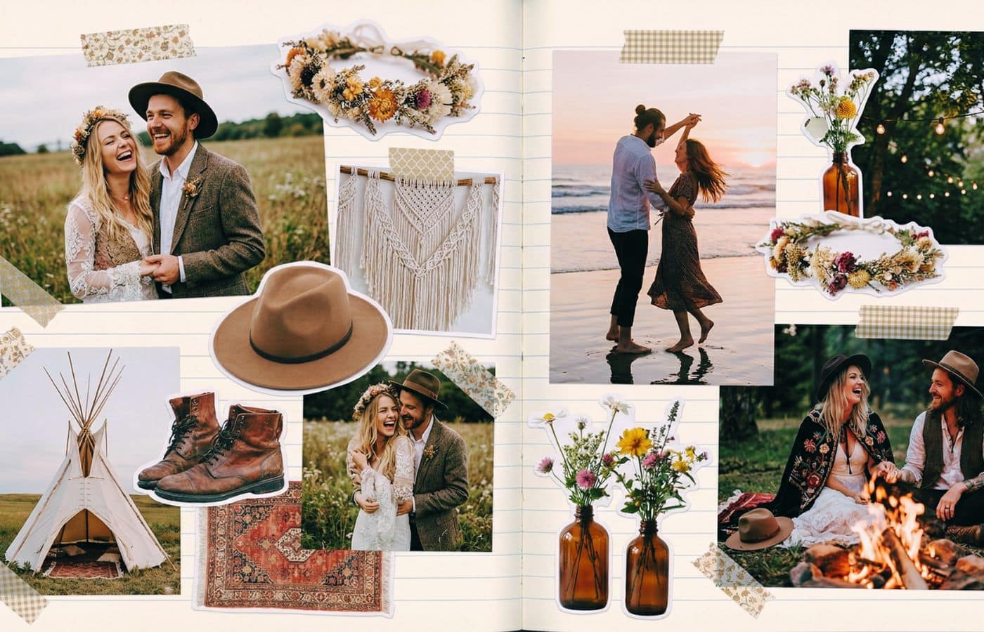 Vision board de mariage bohème sur un carnet ligné : photos de couples heureux, détails de décoration naturelle et accessoires fixés avec du masking tape, style scrapbooking authentique.
