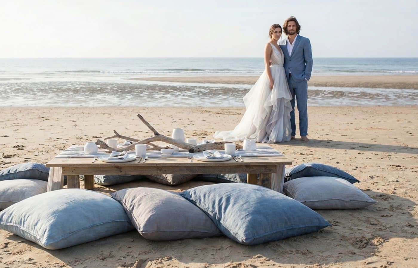 Mariés en tenue bohème moderne sur une plage sauvage à marée basse, avec une table basse en bois entourée de coussins en lin bleu délavé et gris.