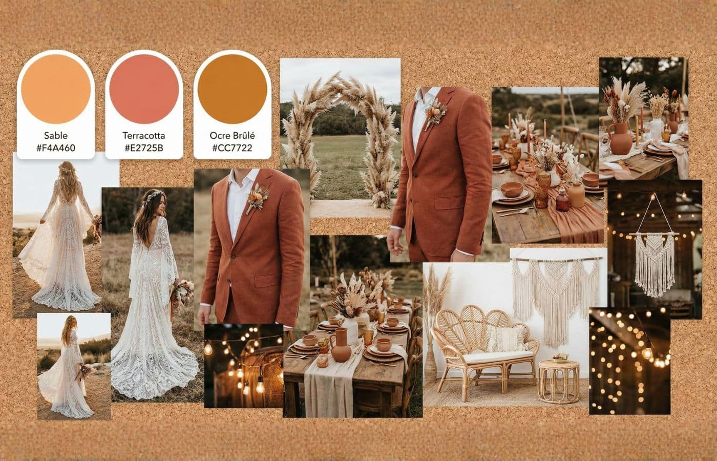 Moodboard style Pinterest pour un mariage bohème : palette de couleurs sable, terracotta et ocre brûlé avec inspirations de robes en dentelle, costumes en lin et décoration de table chaleureuse.
