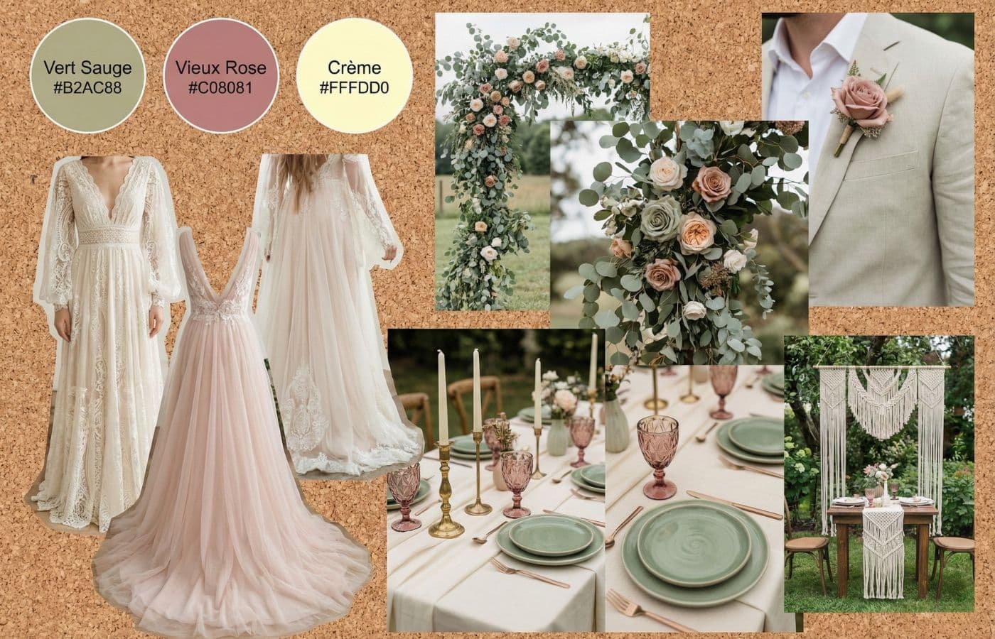 Moodboard d'inspiration mariage bohème romantique avec palette de couleurs vert sauge, vieux rose et crème, incluant des détails floraux et des idées de tenues fluides.