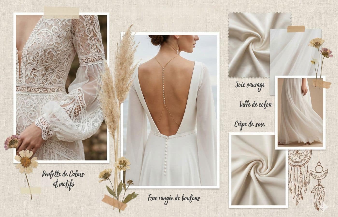 Détails d'une robe de mariée bohème chic : dentelle de Calais, motifs guipure florale, dos nu plongeant et boutons de nacre sur crêpe de soie.