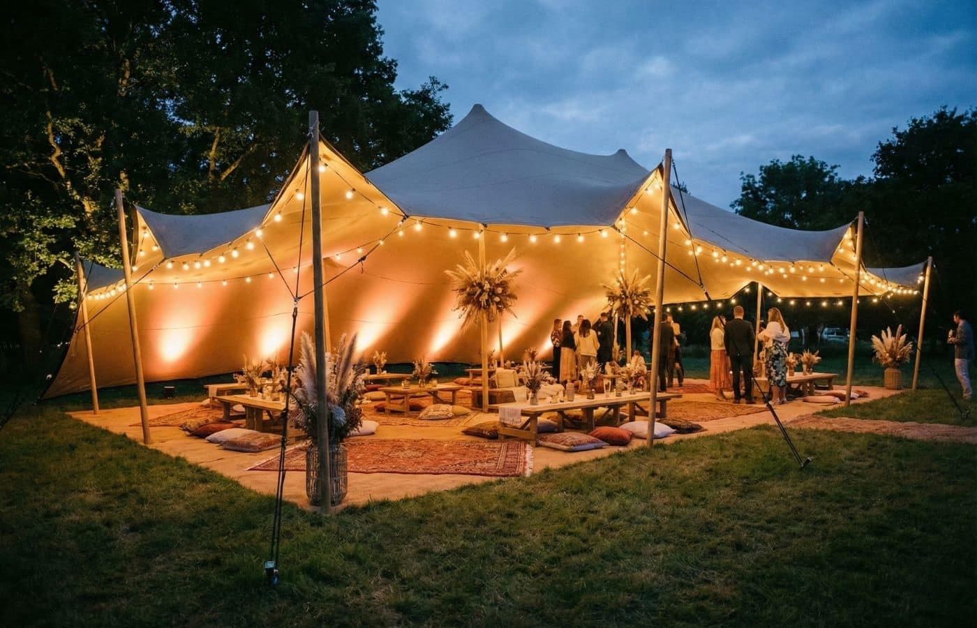 coucher du soleil jardin tente stretch deco lumineuse invité ambiance boheme chic