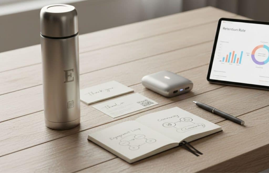 Vue d'un bureau avec une gourde en inox personnalisée, un carnet de notes sur l'engagement communautaire et une tablette affichant des statistiques de rétention