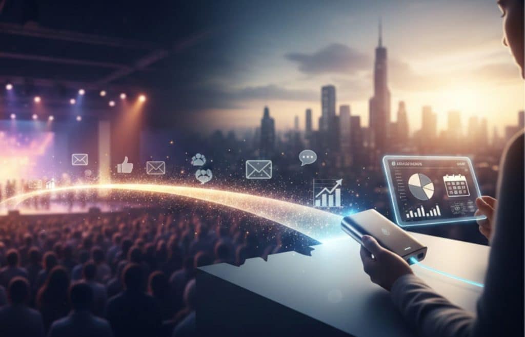 Illustration conceptuelle montrant la transition entre un événement en salle et le suivi digital via tablette et objets connectés.