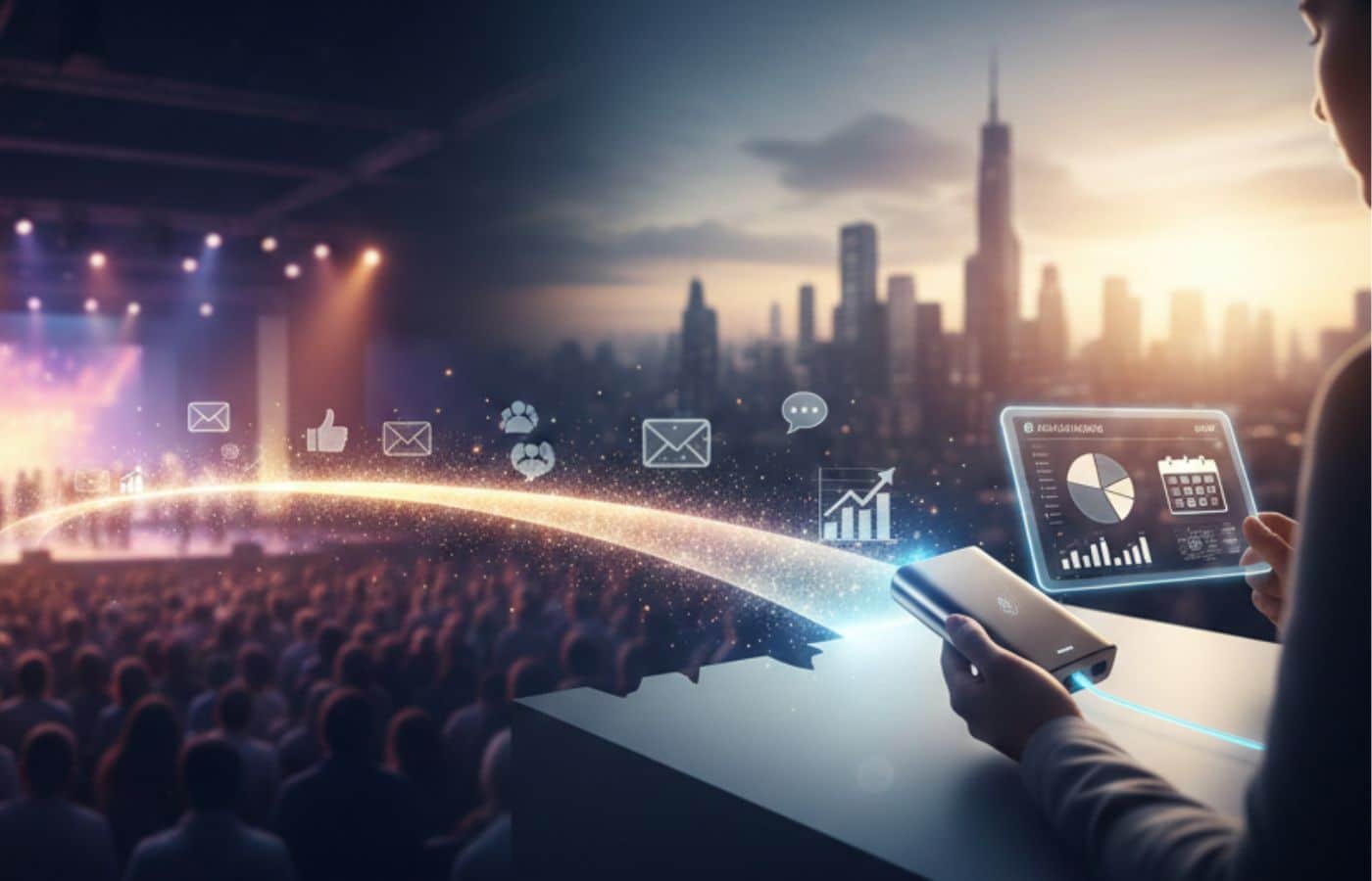 Illustration conceptuelle montrant la transition entre un événement en salle et le suivi digital via tablette et objets connectés.