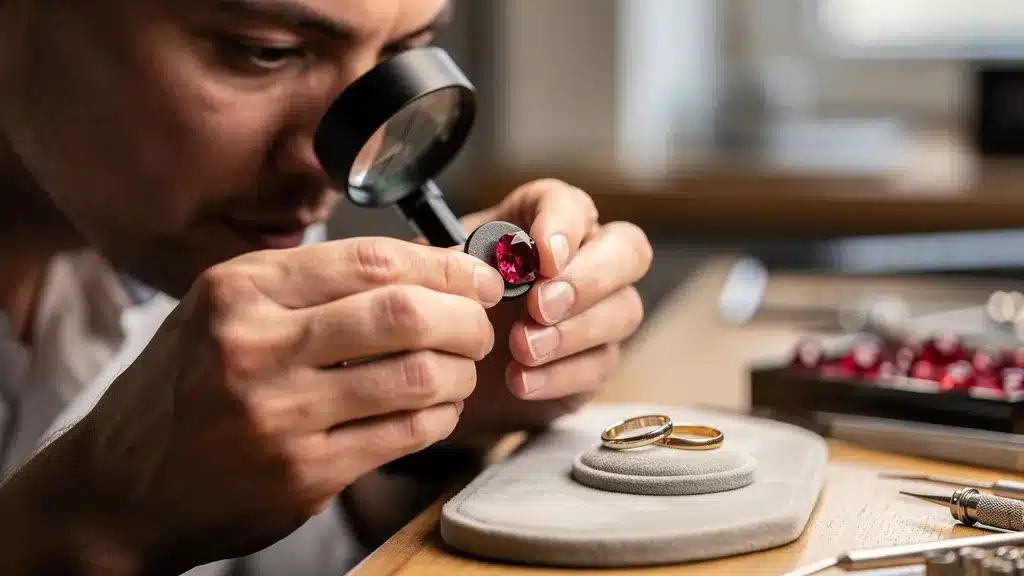 artisan bijoutier loupe bijoux en rubis : pierres précieuses atelier bague