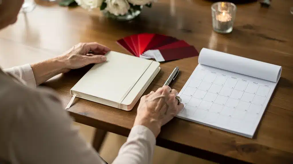 Vue détaillée : rétroplanning et calendrier avec nuancier rouge rubis sur table main de femme âgée