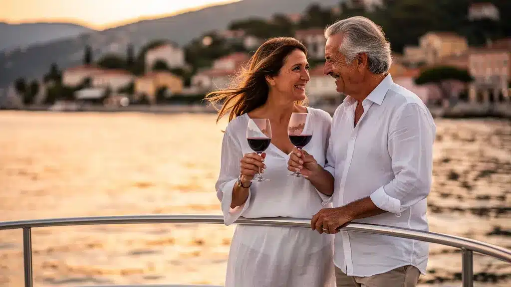 couple homme femme agés voyage en amoureux sur bateau mer méditerranée côté verre de vin rouge à la main
