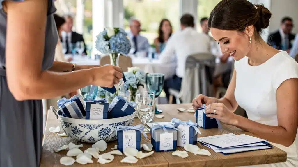 Illustration de 5. créez des souvenirs personnalisés dans le contexte de mariage thème bleu blanc