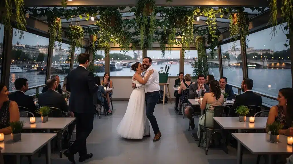 L’animation : Fluidité et compacité - Organiser mariage péniche paris couple marié danse au milieu des invités sur une péniche sur la seine à Paris