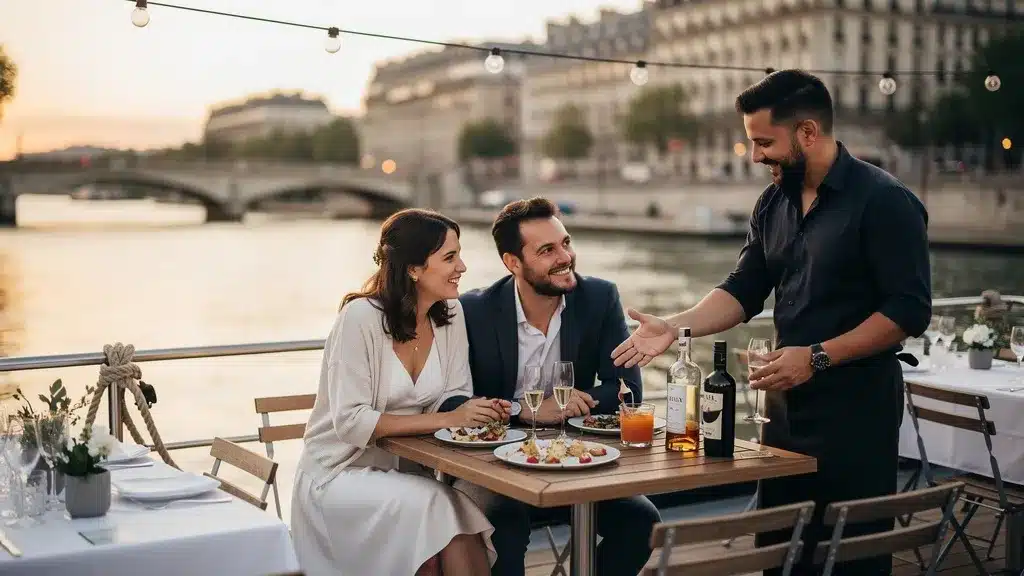 Quel budget pour un mariage sur une péniche à Paris ? - Organiser mariage péniche paris Serveur restaurant sur une péniche à paris sur la seine, dégustation, vin, couple au coucher du soleil en été