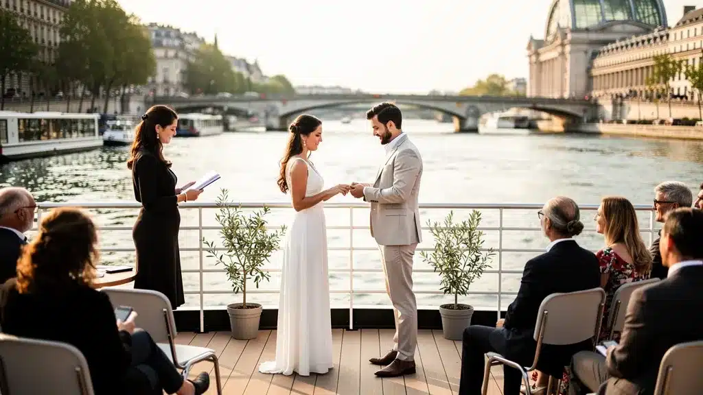 Peut-on organiser une cérémonie laïque sur le pont d'une péniche ? - Organiser mariage péniche paris organisation cérémonie laïque sur le pont d'une péniche ? mariés échange de vœux invités sur des chaises