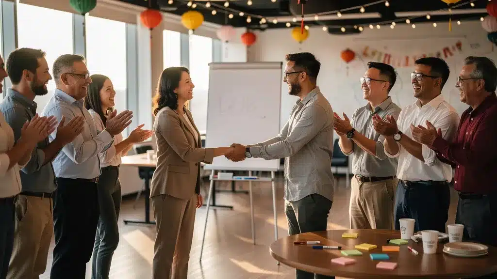 fin de journée team building homme serrant la main d'une femme en salle de réunion devant paper board