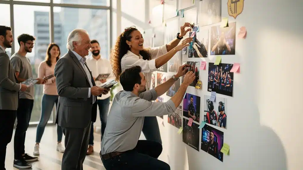 Décorer un mur photo et team building post it devant drh photo d'équipe
