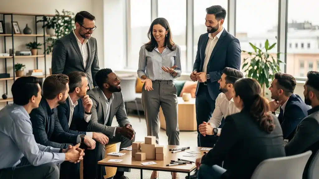 femme proposant idées en réunion Team Building conseils autour d'hommes en costume sans cravate