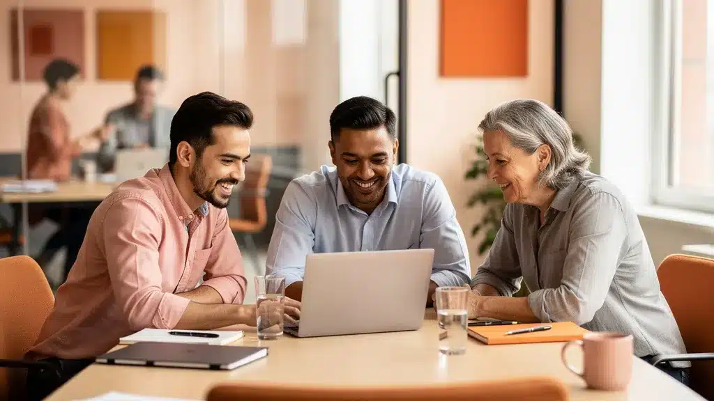 team building réunion entreprise groupe de trois personnes devant un ordinateur portable ne salle de pause, prise de note