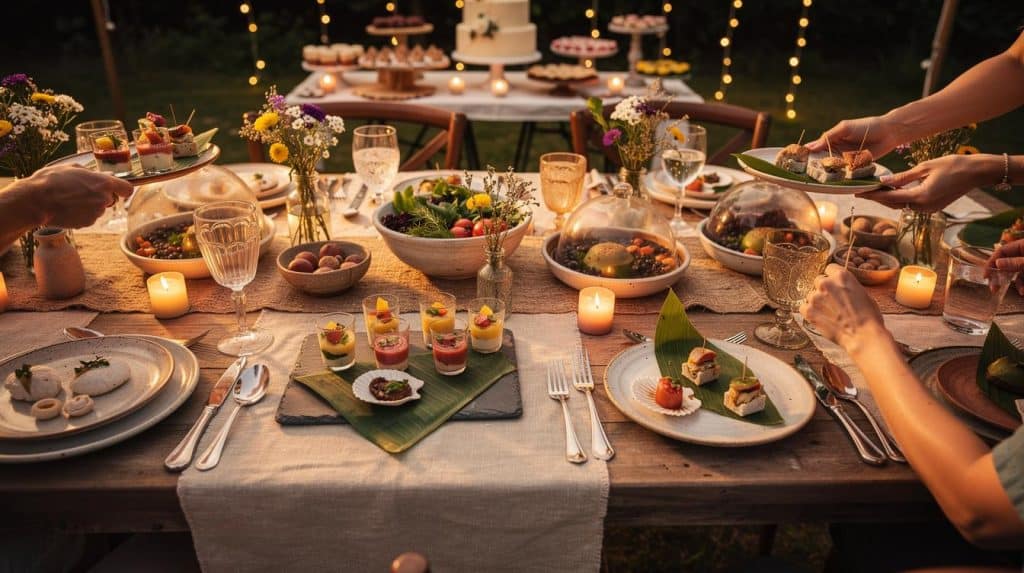 table gastronomique menu mariage verrines assiette remplie couvert fourchette appétit