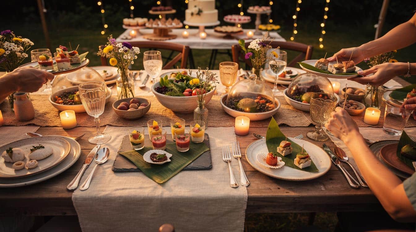 Gazette des mariés posée sur une table de réception de mariage à côté du menu