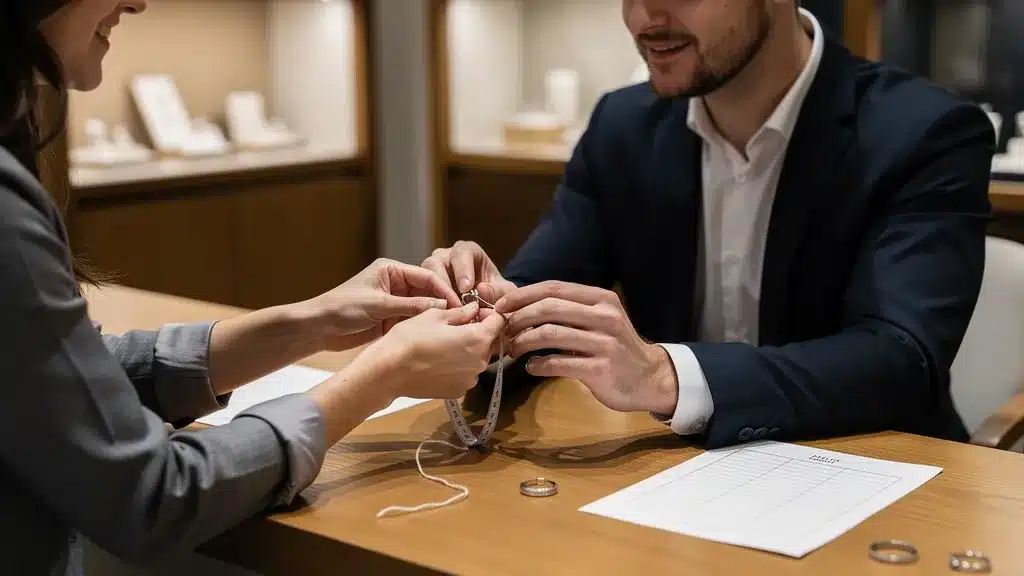 Photo de professionnel avec table pour tableau de correspondance : de la mesure en mm à la taille de bague
