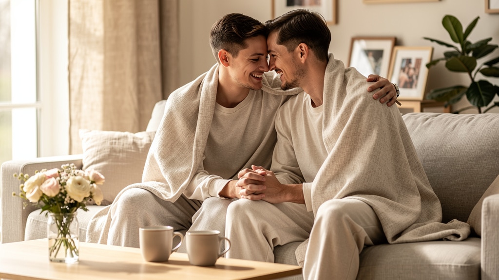 Couple fetant son 1 an de mariage, noces de coton, dans un moment tendre a la maison