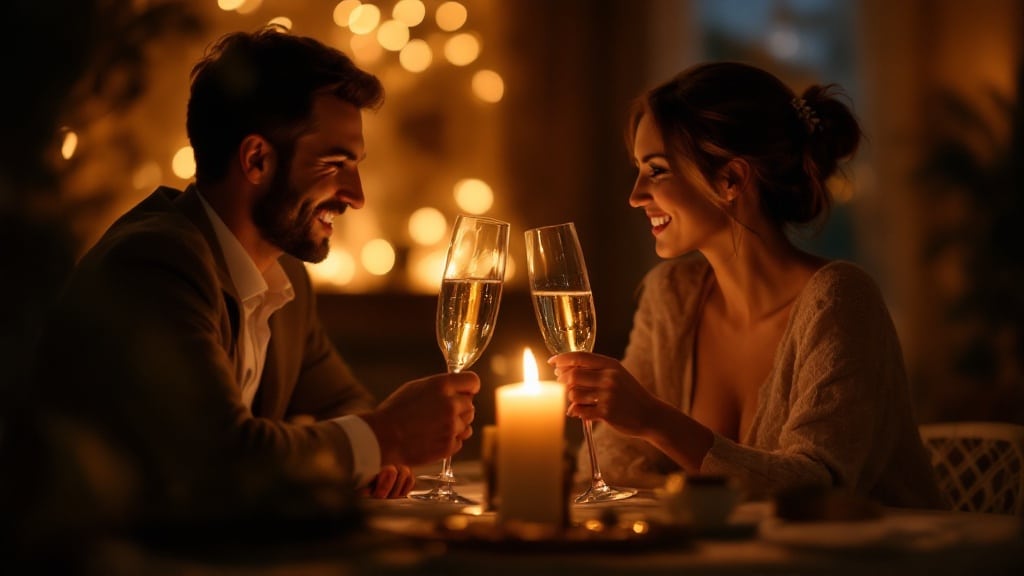 Couple fetant ses 10 ans de mariage en trinquant lors d'un diner aux chandelles