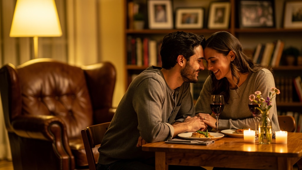Couple fetant ses 2 ans de mariage, noces de cuir, lors d un diner complice a la maison